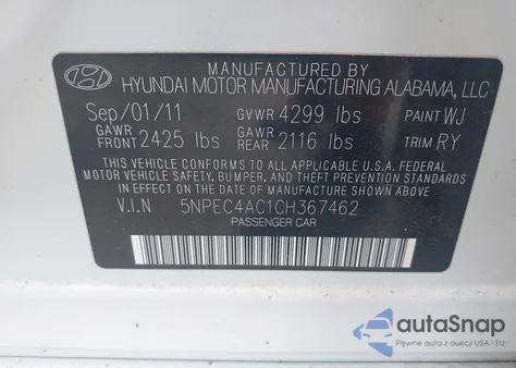 2012 Hyundai Sonata Se from USA, damaged, VIN 5NPEC4AC1CH367462